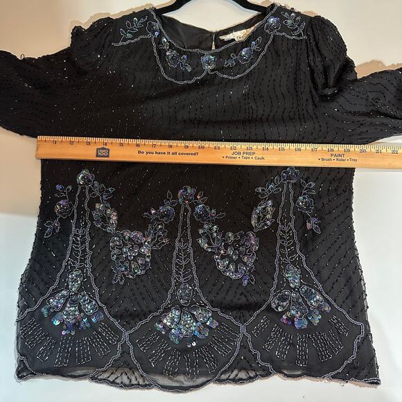 Vintage Oleg Cassini Silk Beaded Sequin Top Skirt Set Black 10 Gatsby Flapper - Picture 8 of 16